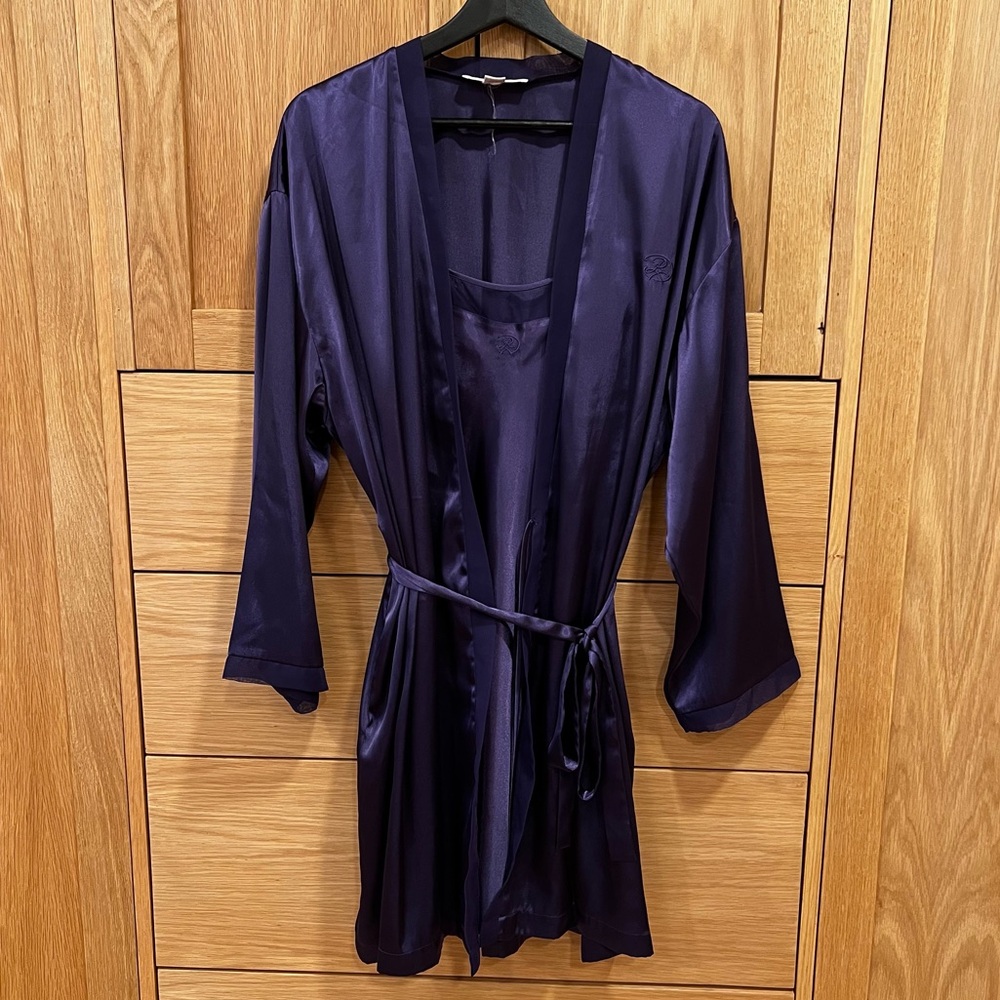 Oscar De La Renta Satin Slip And Robe Set Vintage Purple Size Large Pink Label